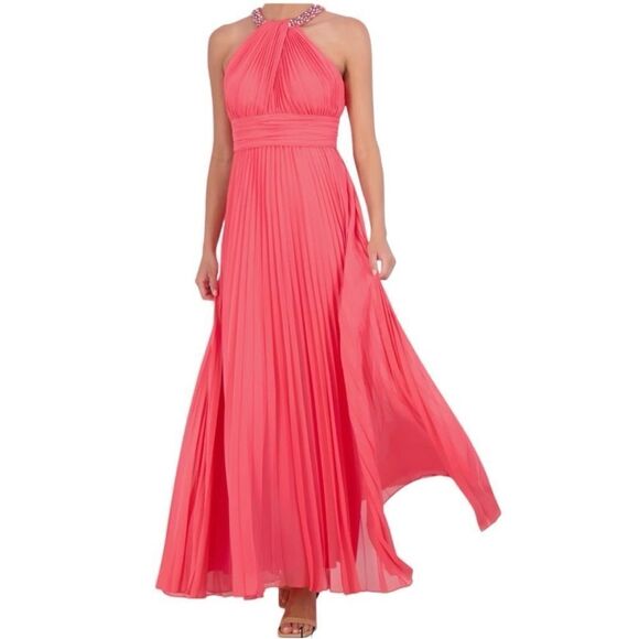 Eliza J NWT Crystal Detail Pleated Gown in Melon Size 14 - Picture 2 of 8